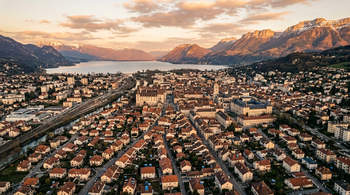 Vue aérienne de Chambéry en Savoie au coucher du soleil