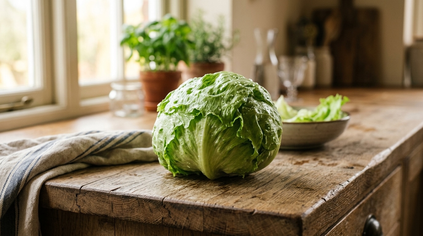Salade iceberg fraîche sur un plan de cuisine