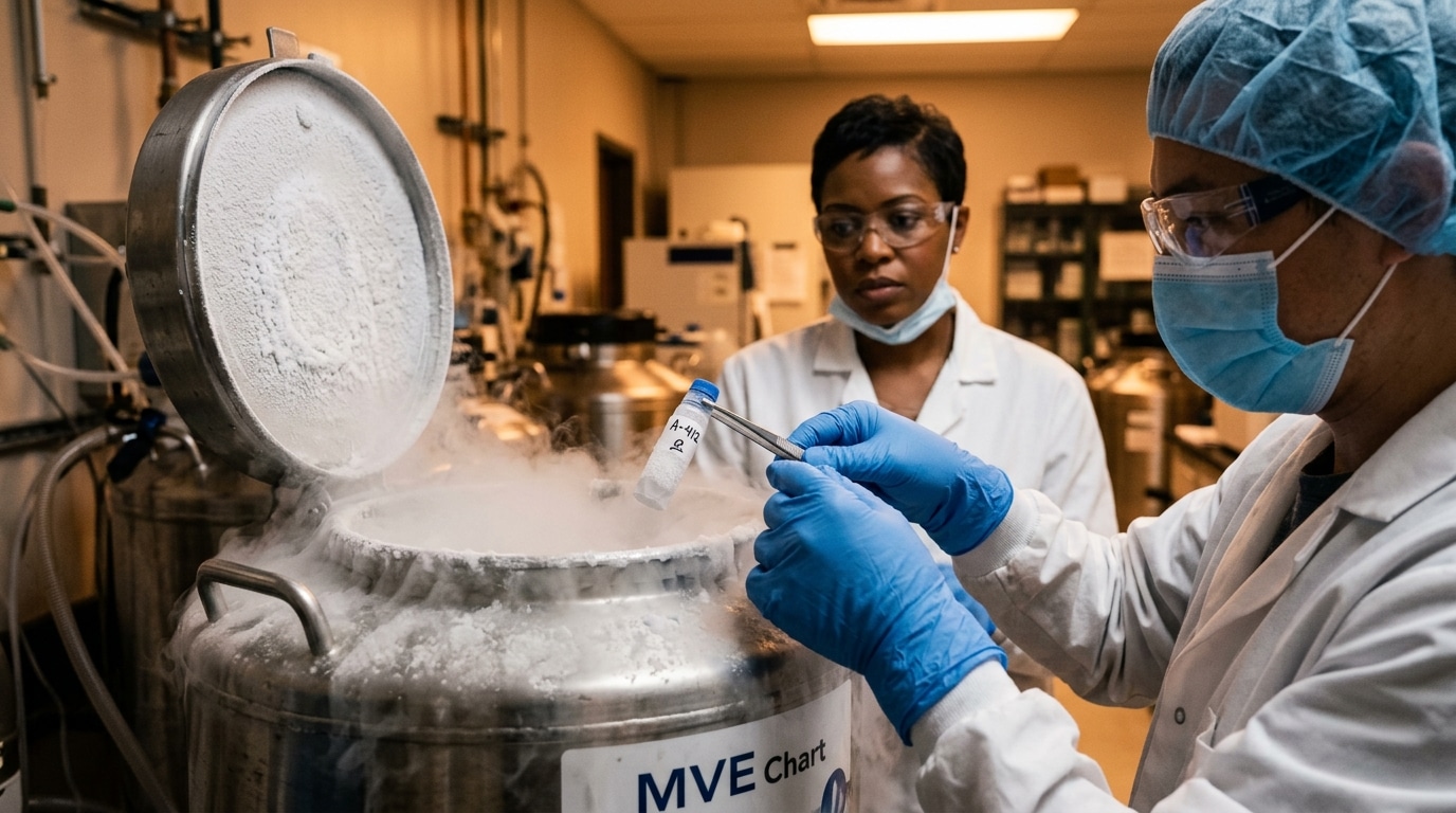 Technicien de laboratoire manipulant un échantillon cryoconservé
