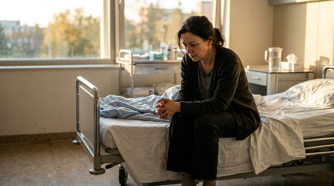 Femme assise seule sur un lit d'hôpital, visage inquiet