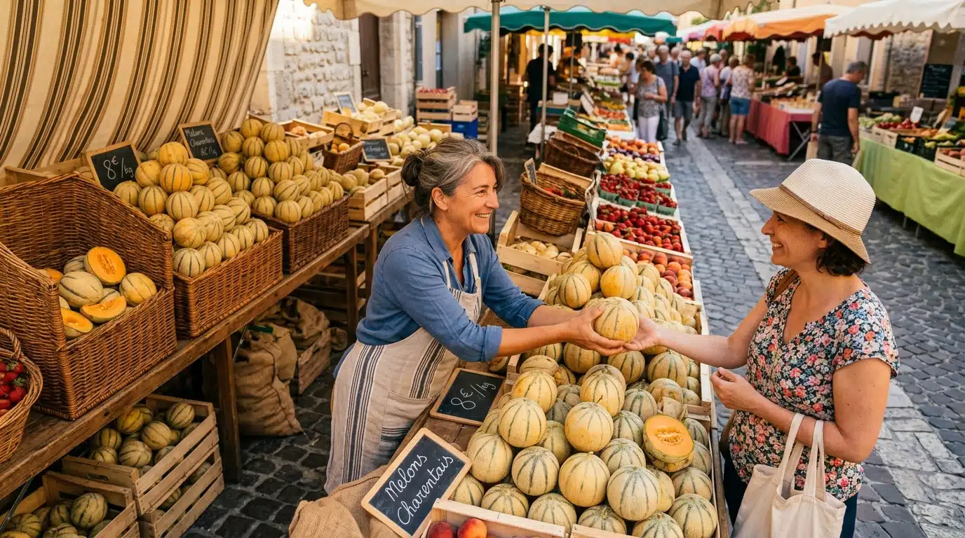Étal de marché rempli de melons charentais mûrs