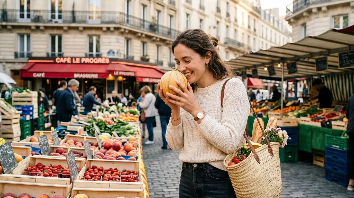 Femme choisissant un melon sur un marché parisien