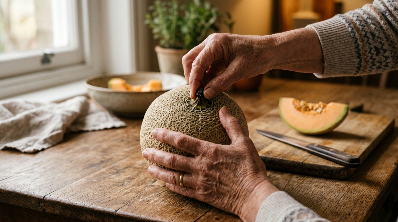 Gros plan sur le pédoncule d'un melon pour vérifier sa maturité
