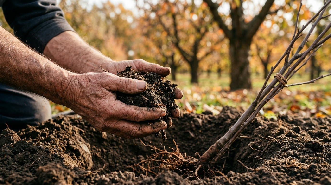 Mains tenant de la terre au-dessus d'un trou de plantation