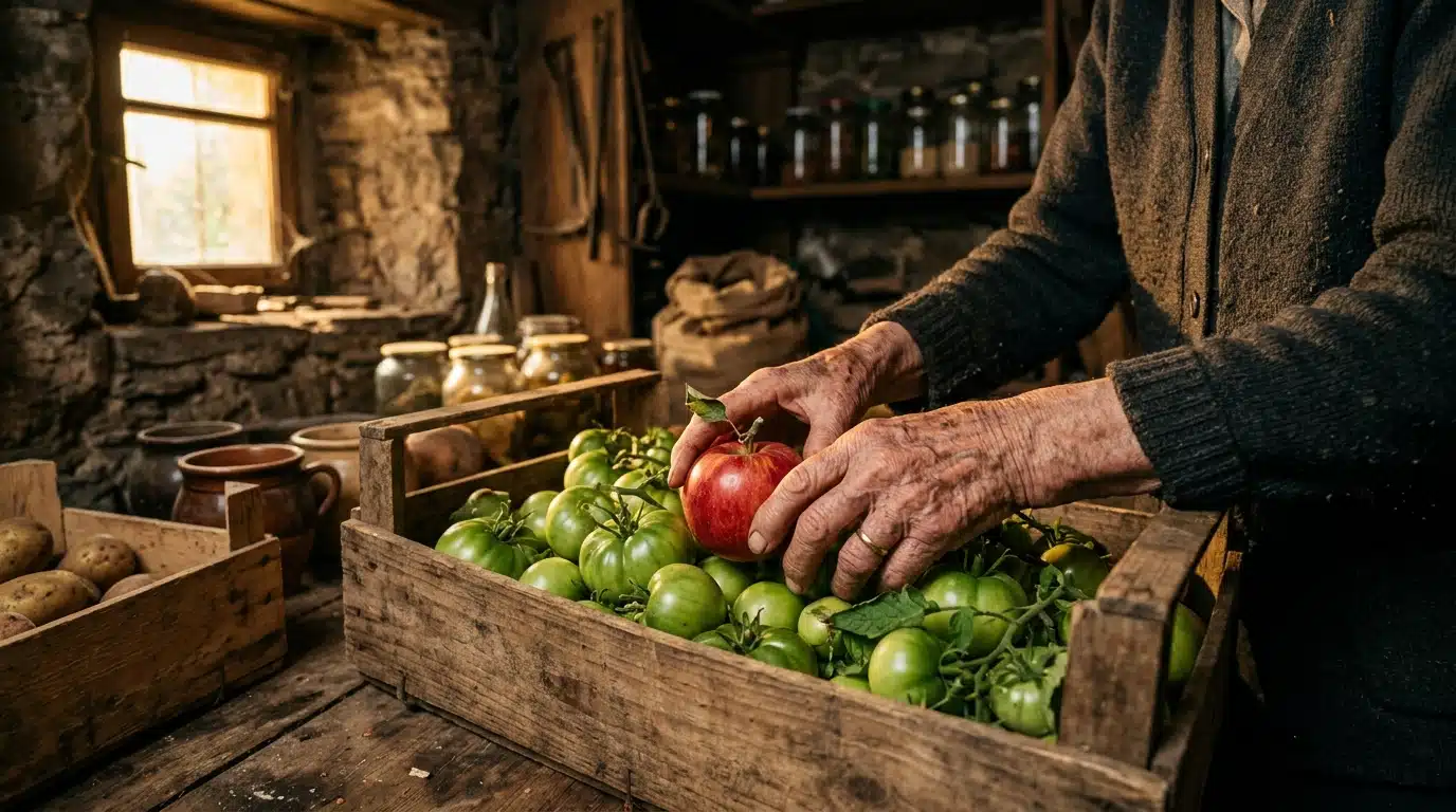 Main posant une pomme parmi des tomates vertes