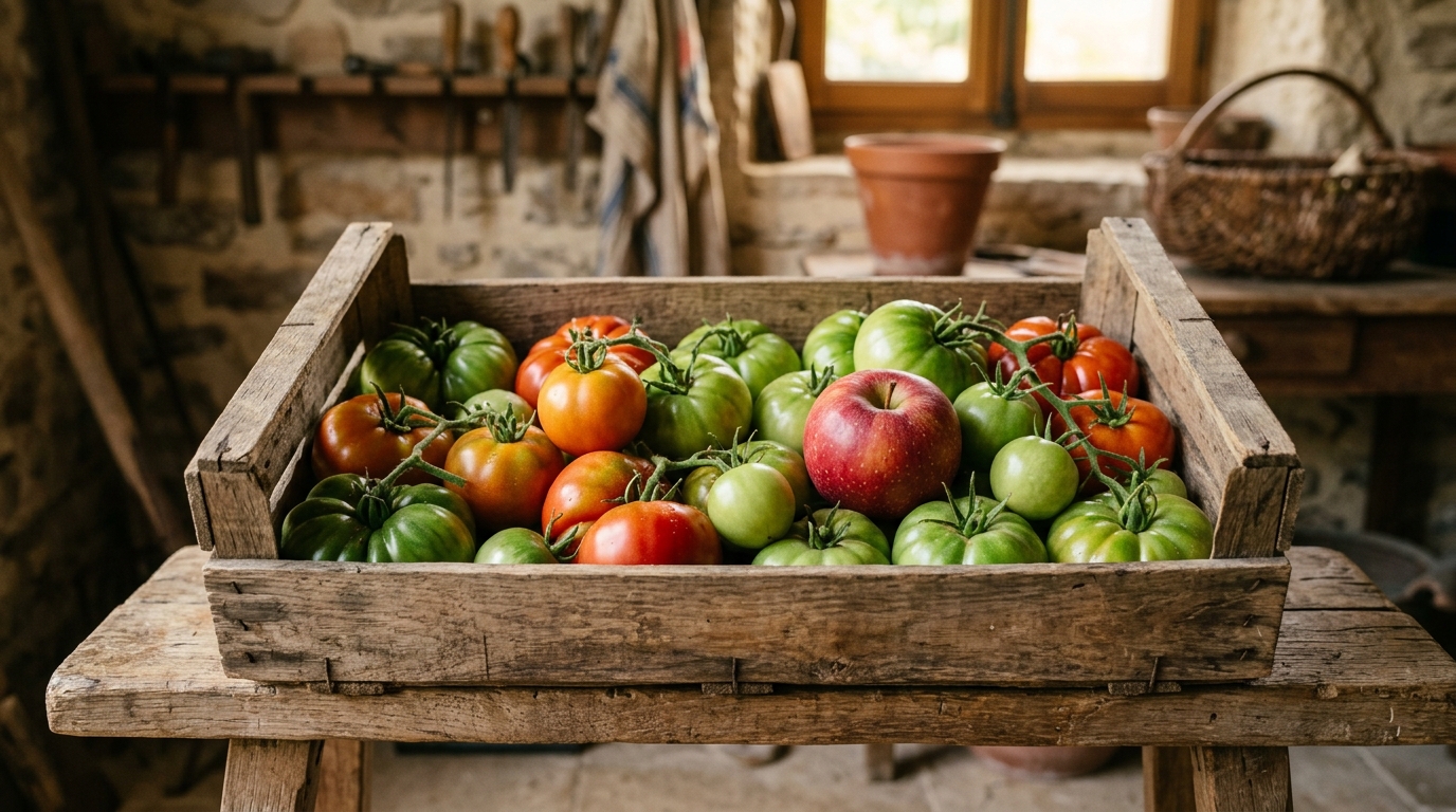 Caisse en bois avec pomme et tomates en maturation