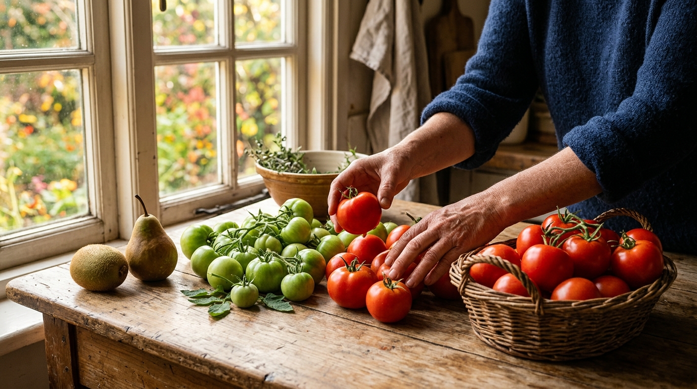 Tri de tomates mûres et vertes sur une table