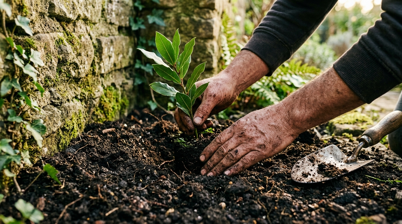 Mains plantant un jeune laurier près d'un mur