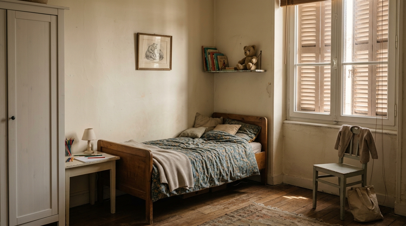 Chambre d'enfant vide avec lit près d'une fenêtre