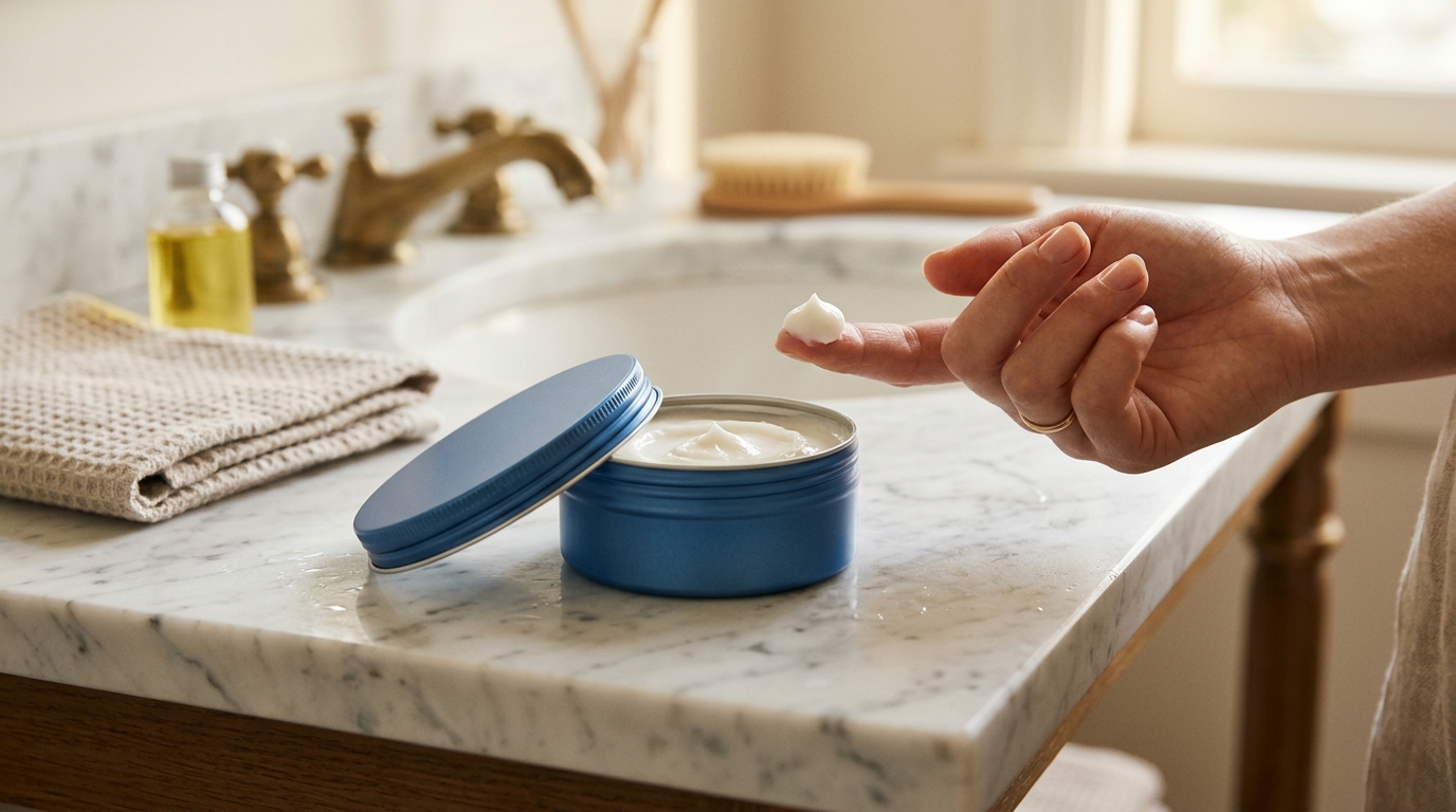 Pot de crème bleue ouvert sur étagère de salle de bain