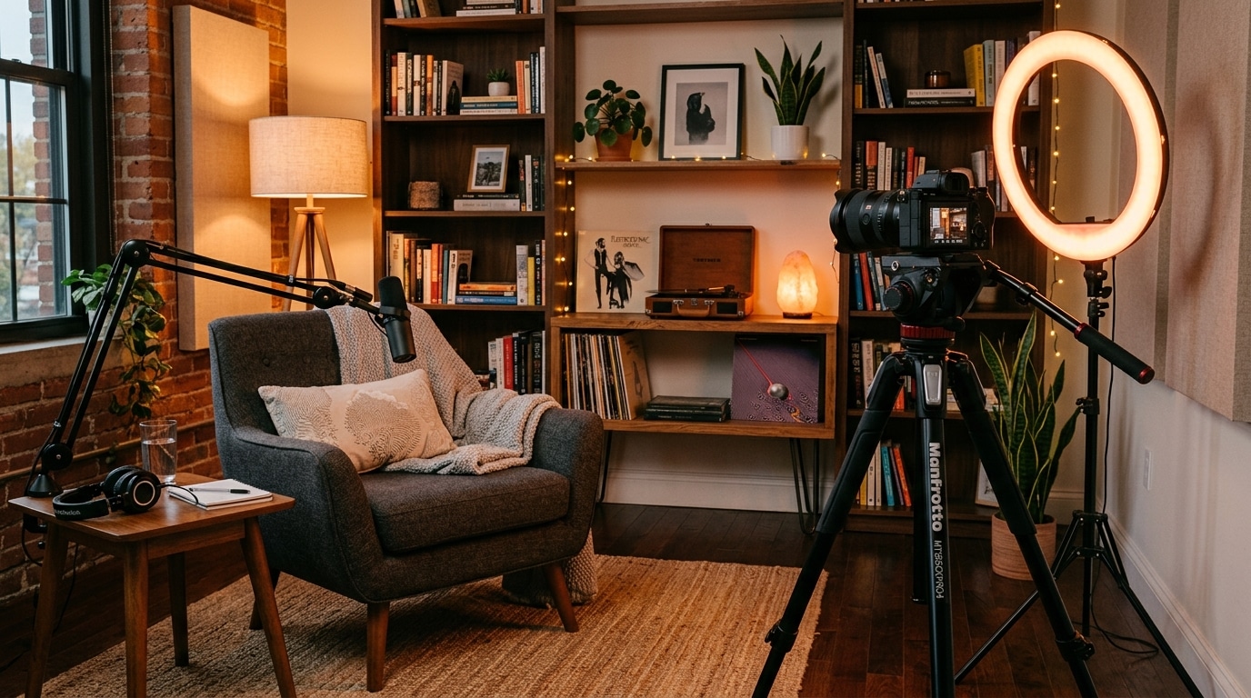 Studio maison chaleureux avec bague lumineuse et caméra, ambiance vlog