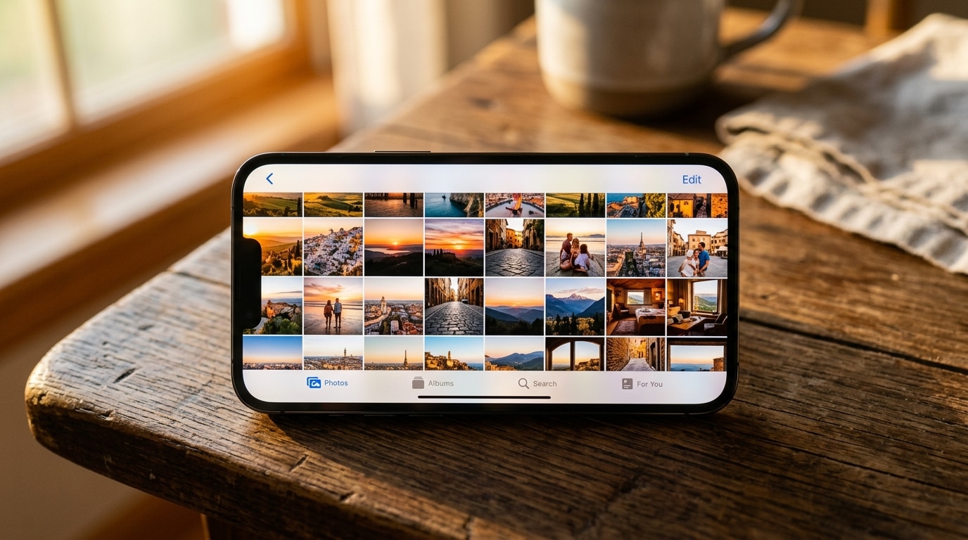 Écran de smartphone affichant une galerie de photos, lumière dorée