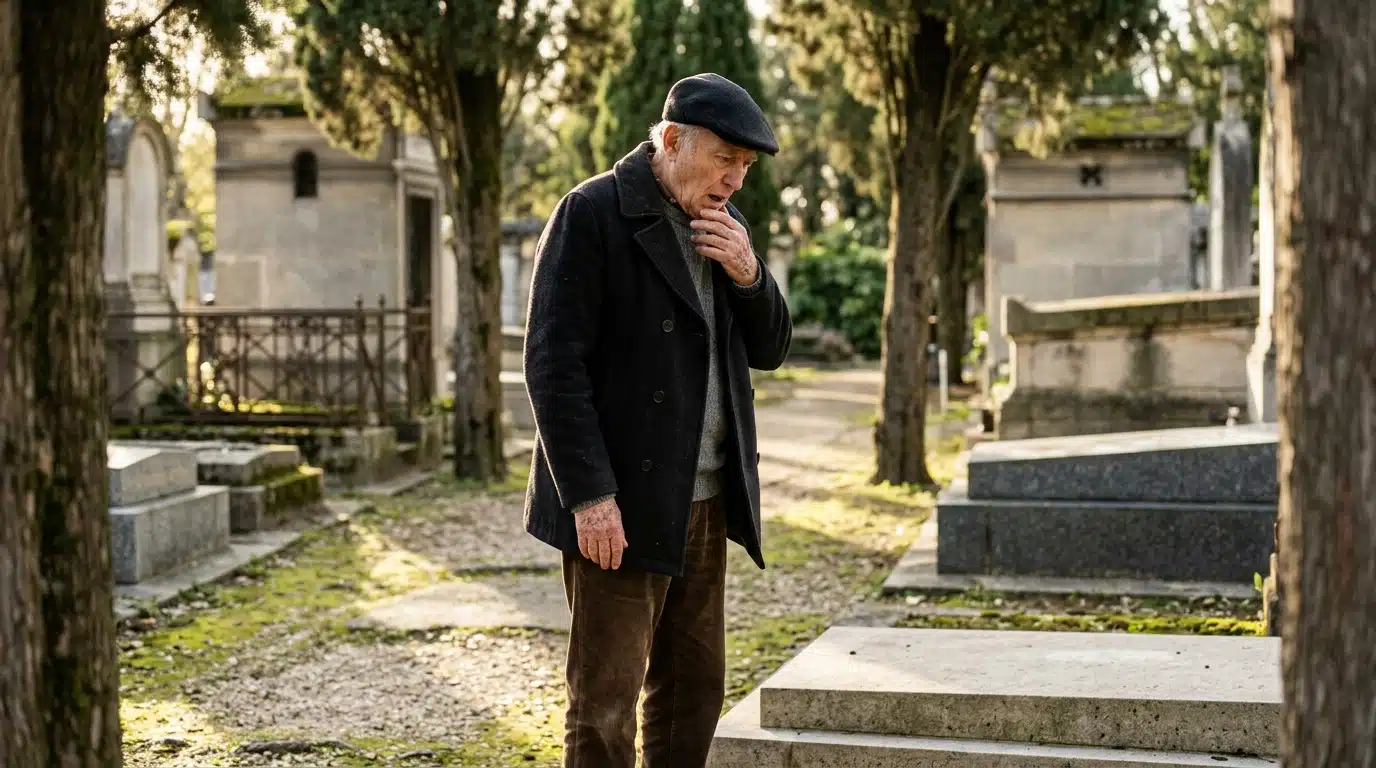 Homme âgé effondré devant une tombe vide au cimetière