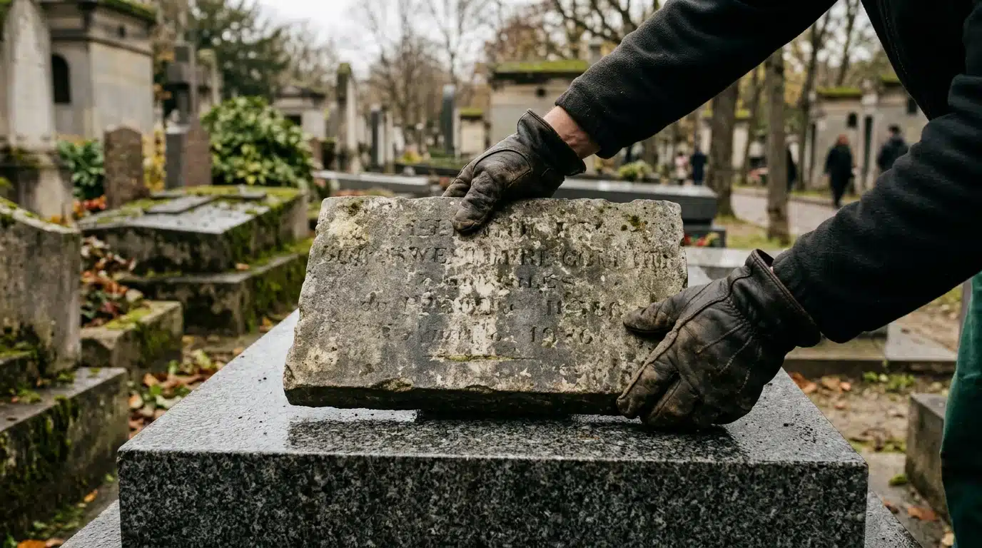 Mains posant une plaque funéraire sur une pierre tombale