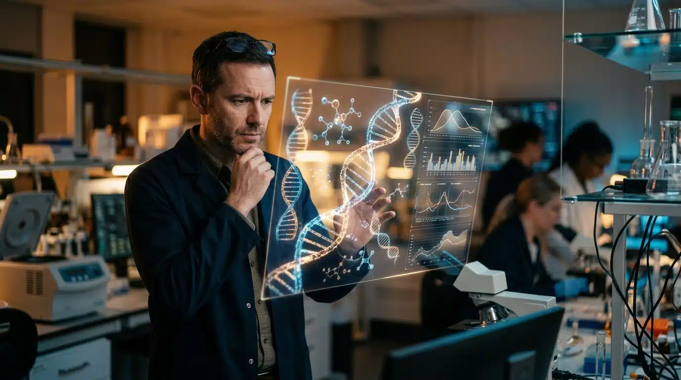Scientifique observant un hologramme d'ADN en laboratoire