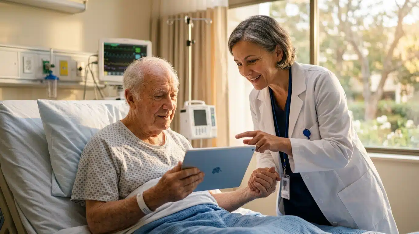 Patient et médecin consultant un scanner généré par IA