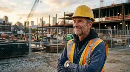 Chef de chantier soulagé devant un chantier de construction