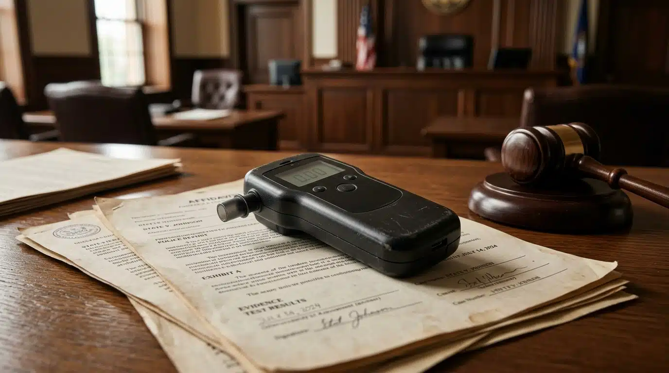 Éthylotest posé près d'un marteau de justice