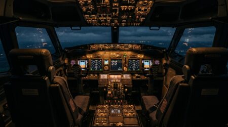 Cockpit d'avion vide la nuit avec instruments allumés