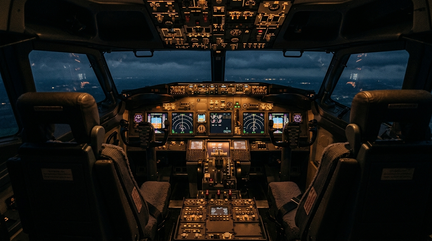 Cockpit d'avion vide la nuit avec instruments allumés