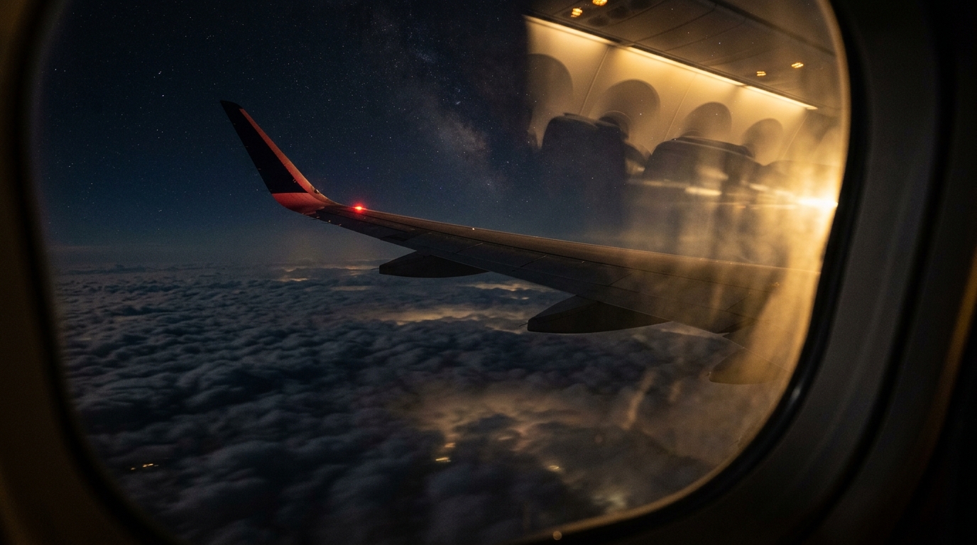 Aile d'avion vue depuis le hublot en vol de nuit
