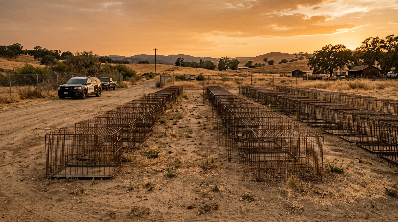 Chenils alignés sur une propriété rurale californienne