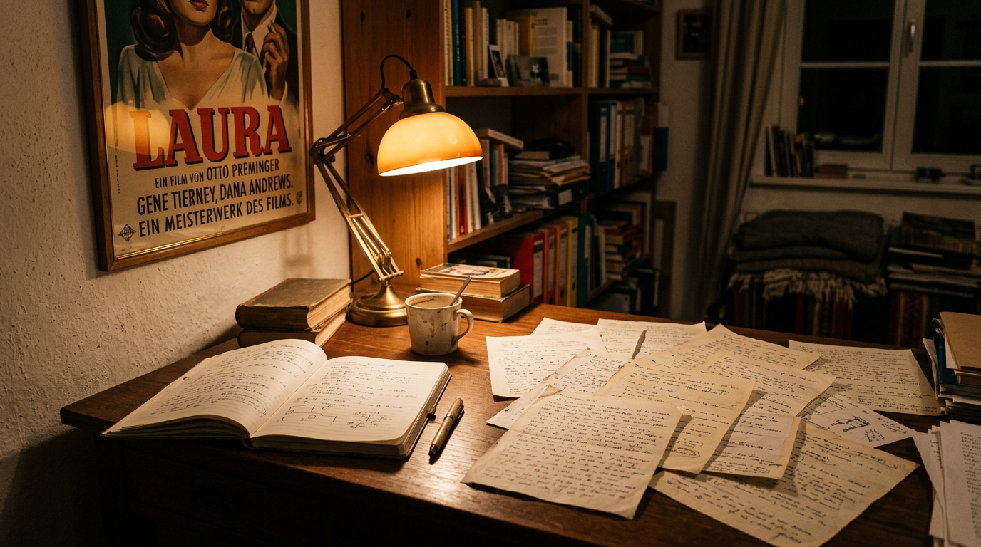 Bureau avec carnet de mémoires et lampe chaude