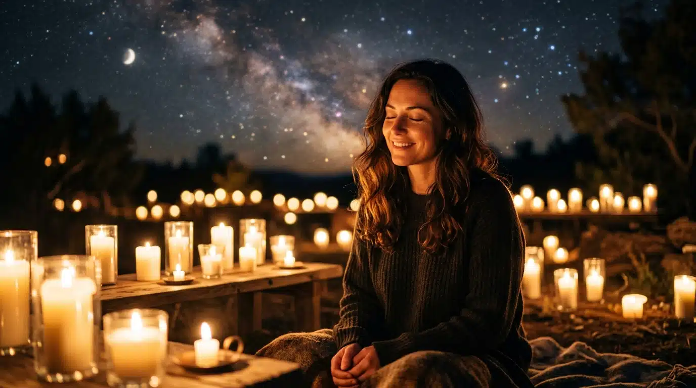 Femme souriante entourée d'une lumière dorée mystique