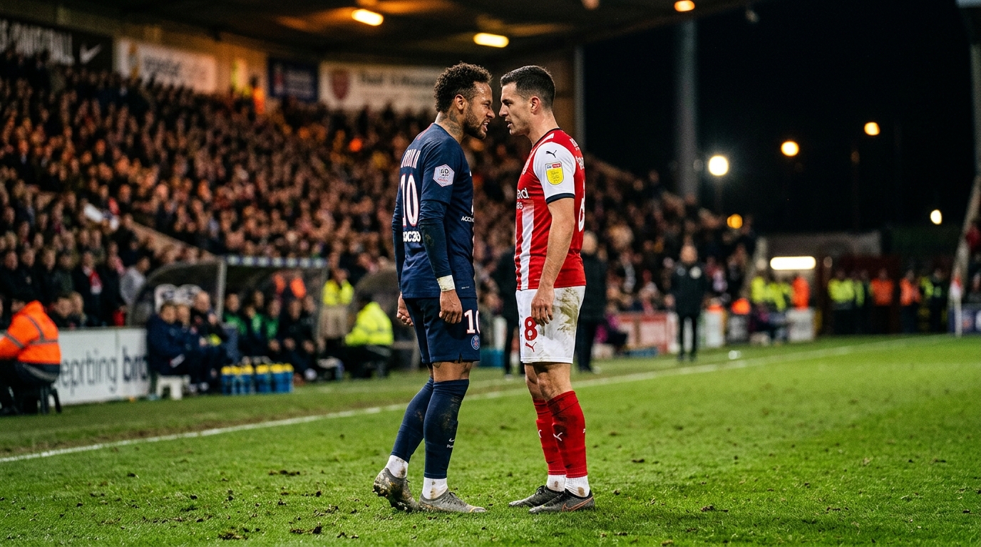 Confrontation entre deux joueurs sur la pelouse la nuit