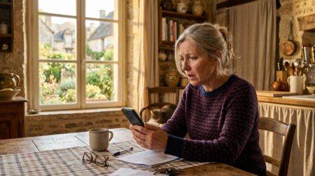 Femme inquiète consultant son solde de Livret A sur smartphone