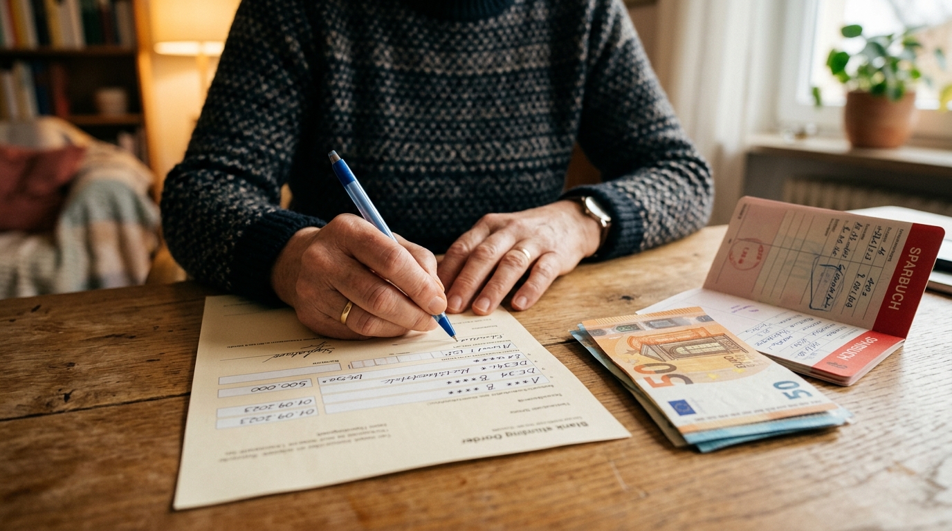 Personne remplissant un formulaire de virement automatique bancaire
