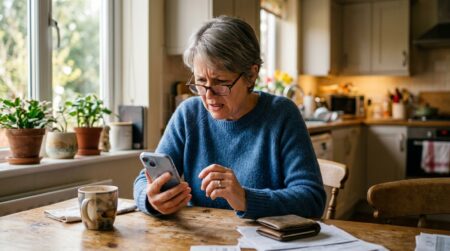 Personne perplexe devant une application bancaire sur smartphone