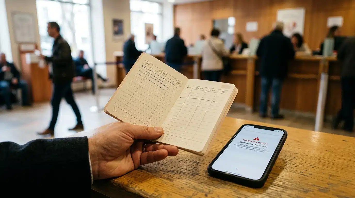 Livret d'épargne et téléphone affichant un virement bloqué