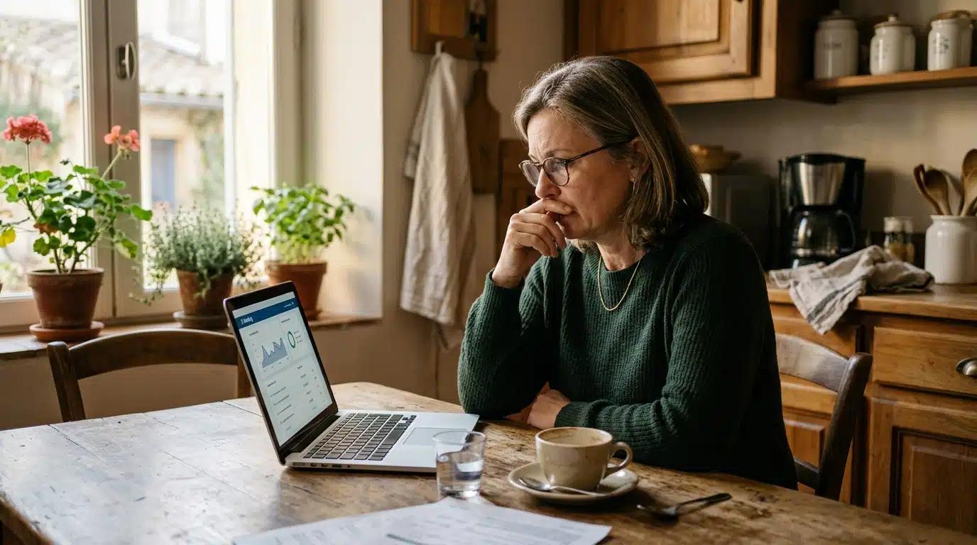 Femme inquiète consultant son application bancaire sur ordinateur