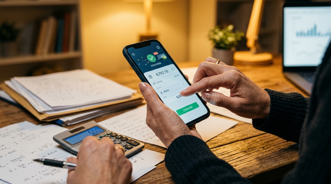 Mains utilisant un smartphone pour un virement bancaire