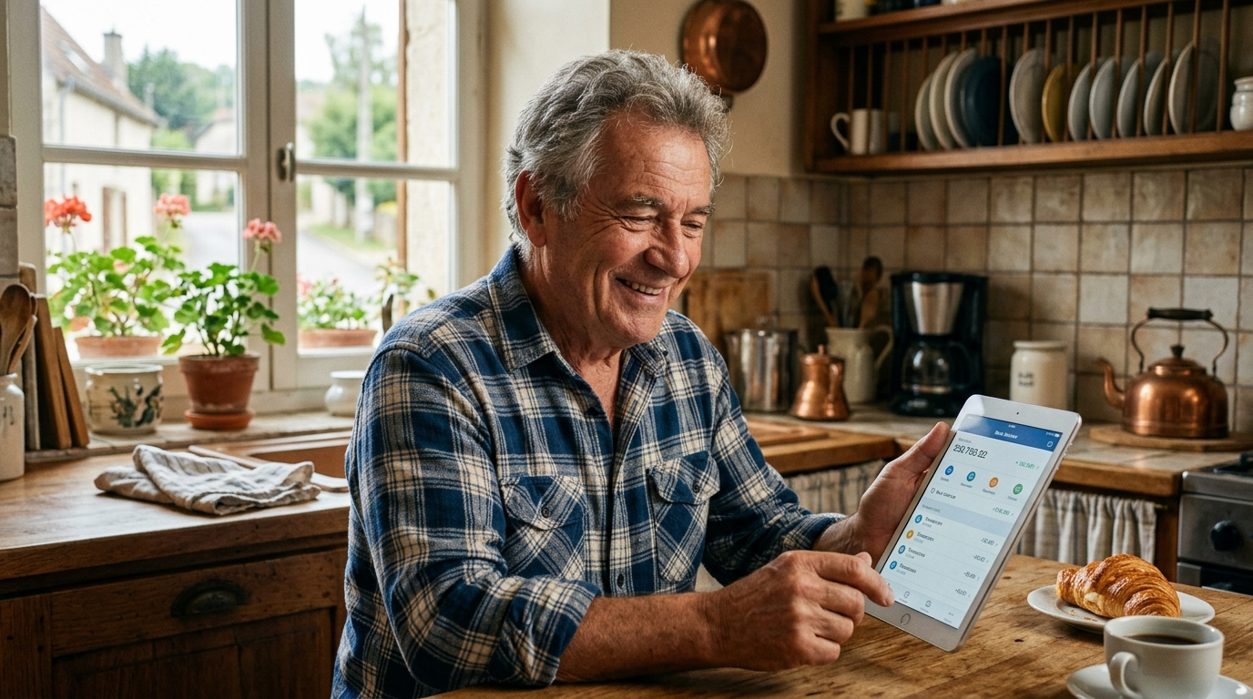 Homme souriant vérifiant son solde bancaire sur tablette