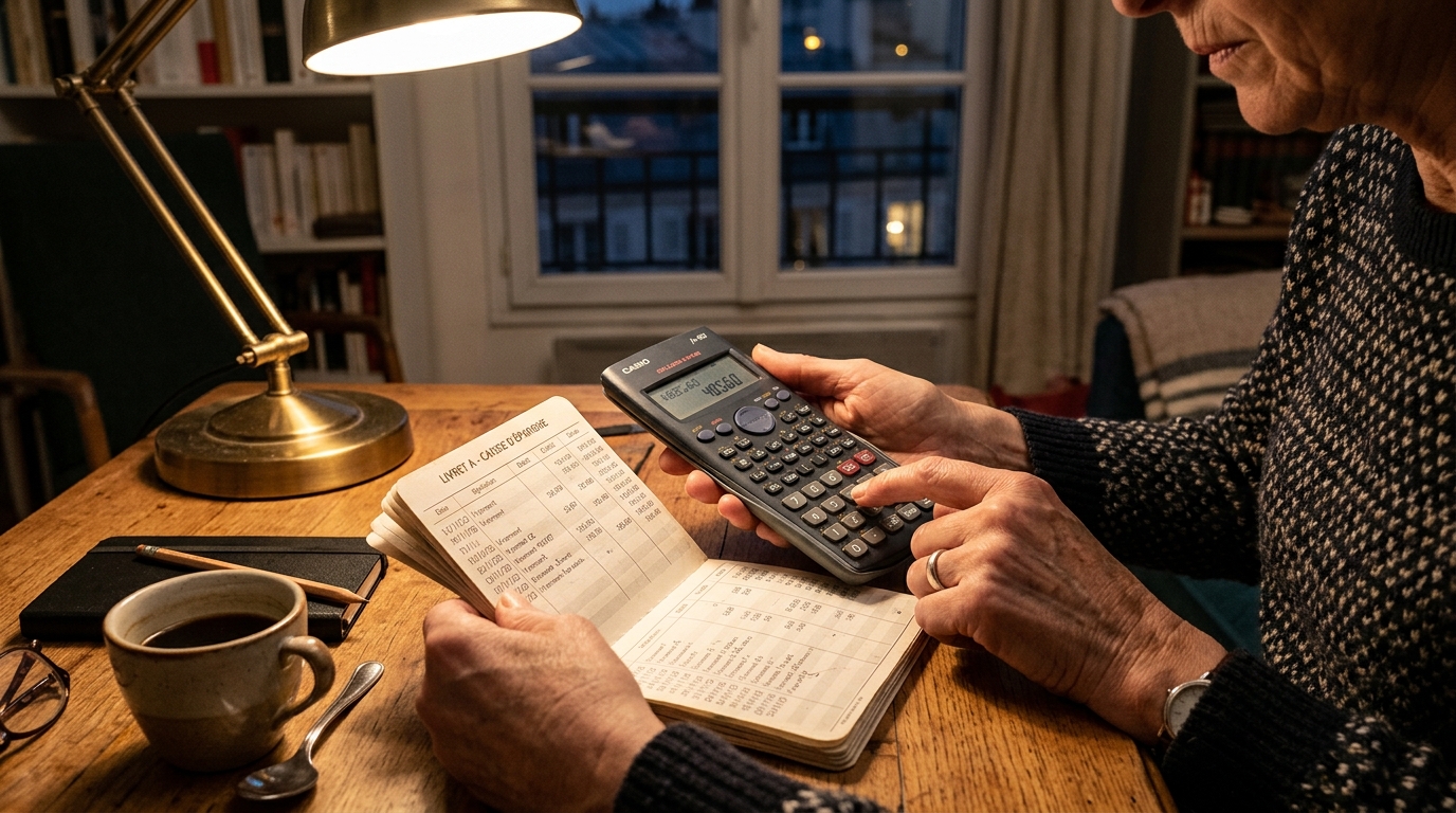 Mains calculant des intérêts d'épargne avec livret bancaire