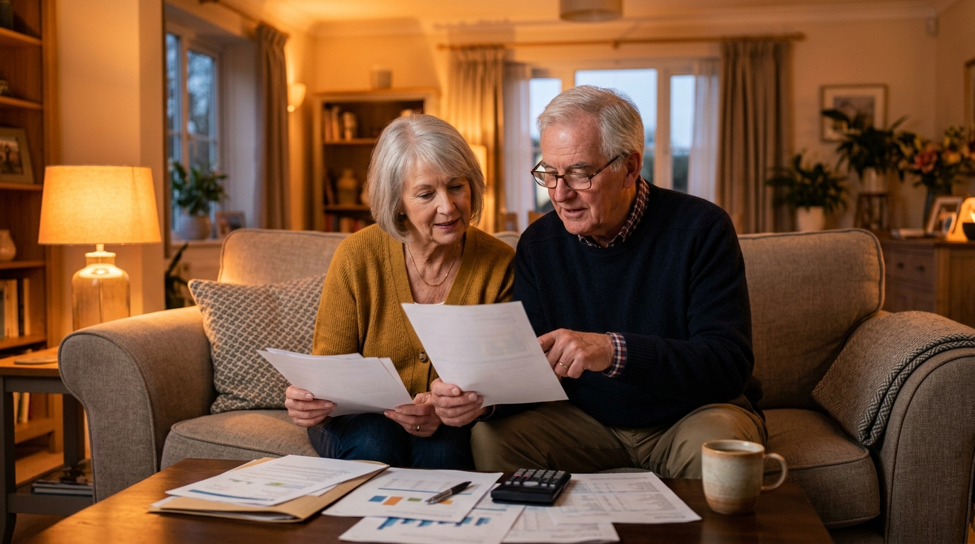 Couple de retraités examinant leurs documents financiers