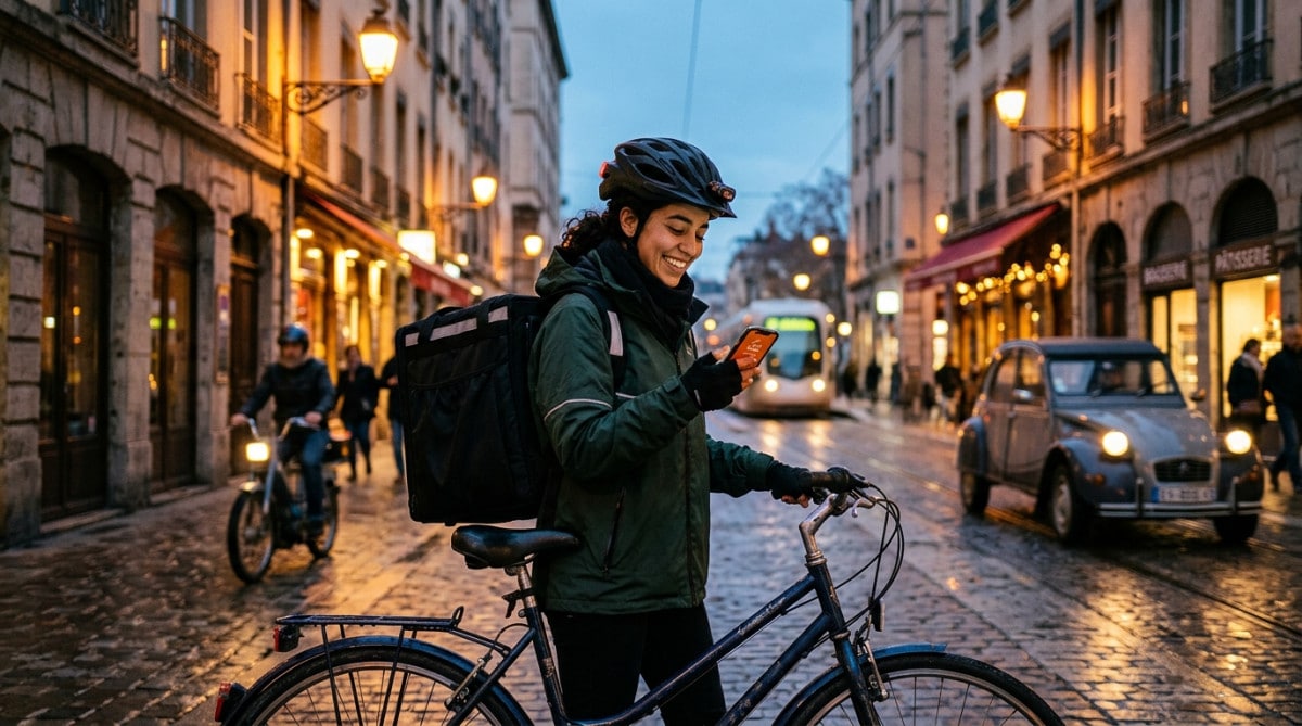 Livreur à vélo consultant un pourboire sur son smartphone