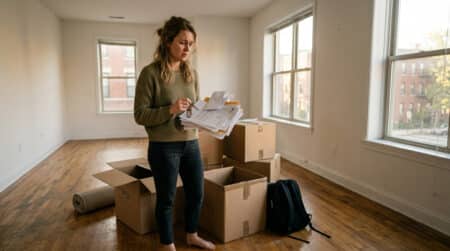 Locataire inquiet dans un appartement vide avec des cartons