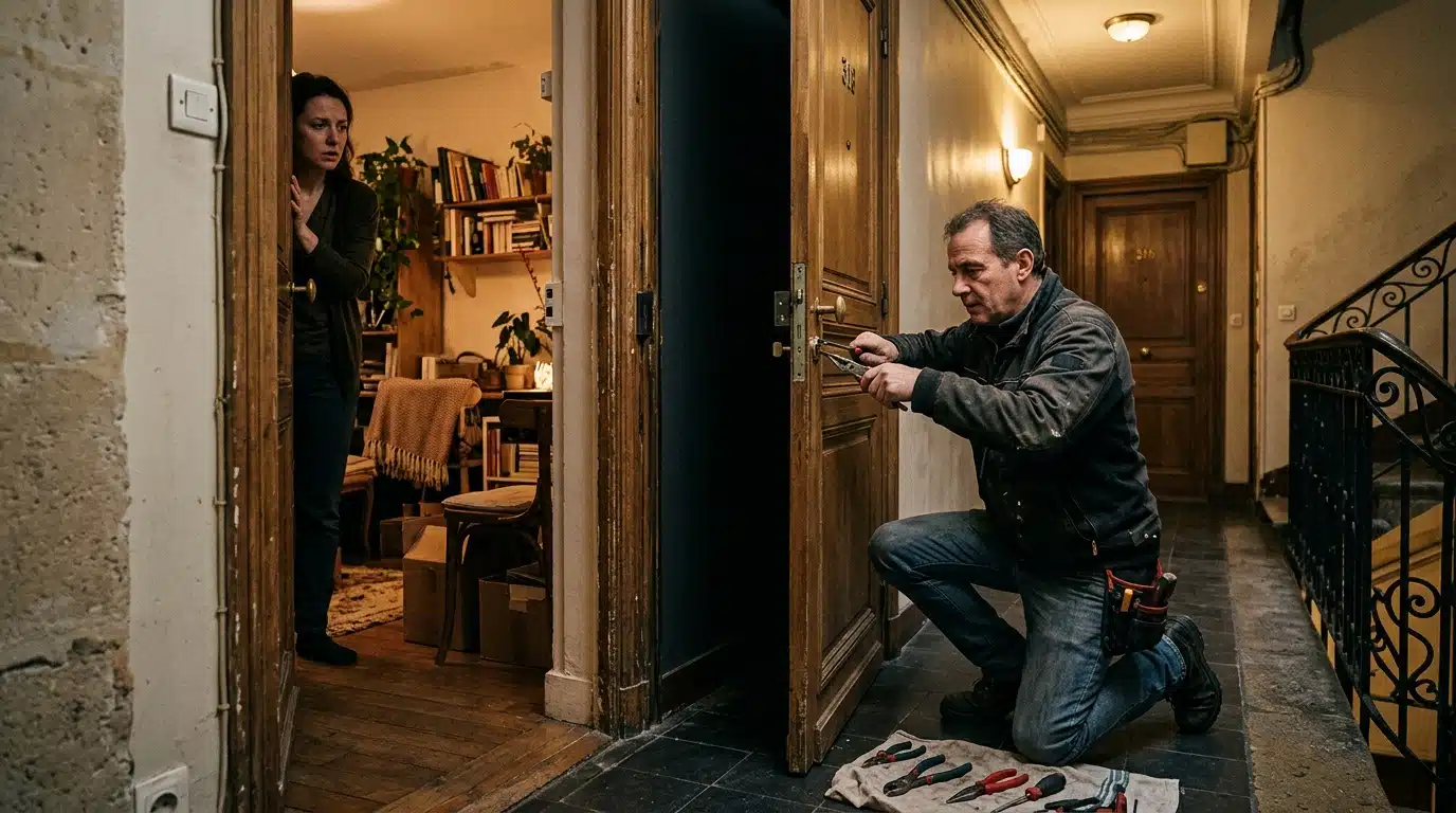 Serrurier changeant une serrure d'appartement en tension