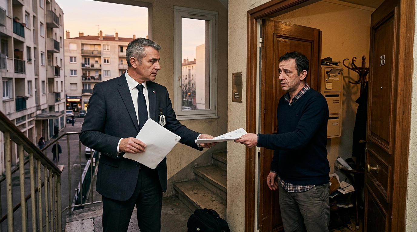 Huissier remettant un document juridique à un locataire