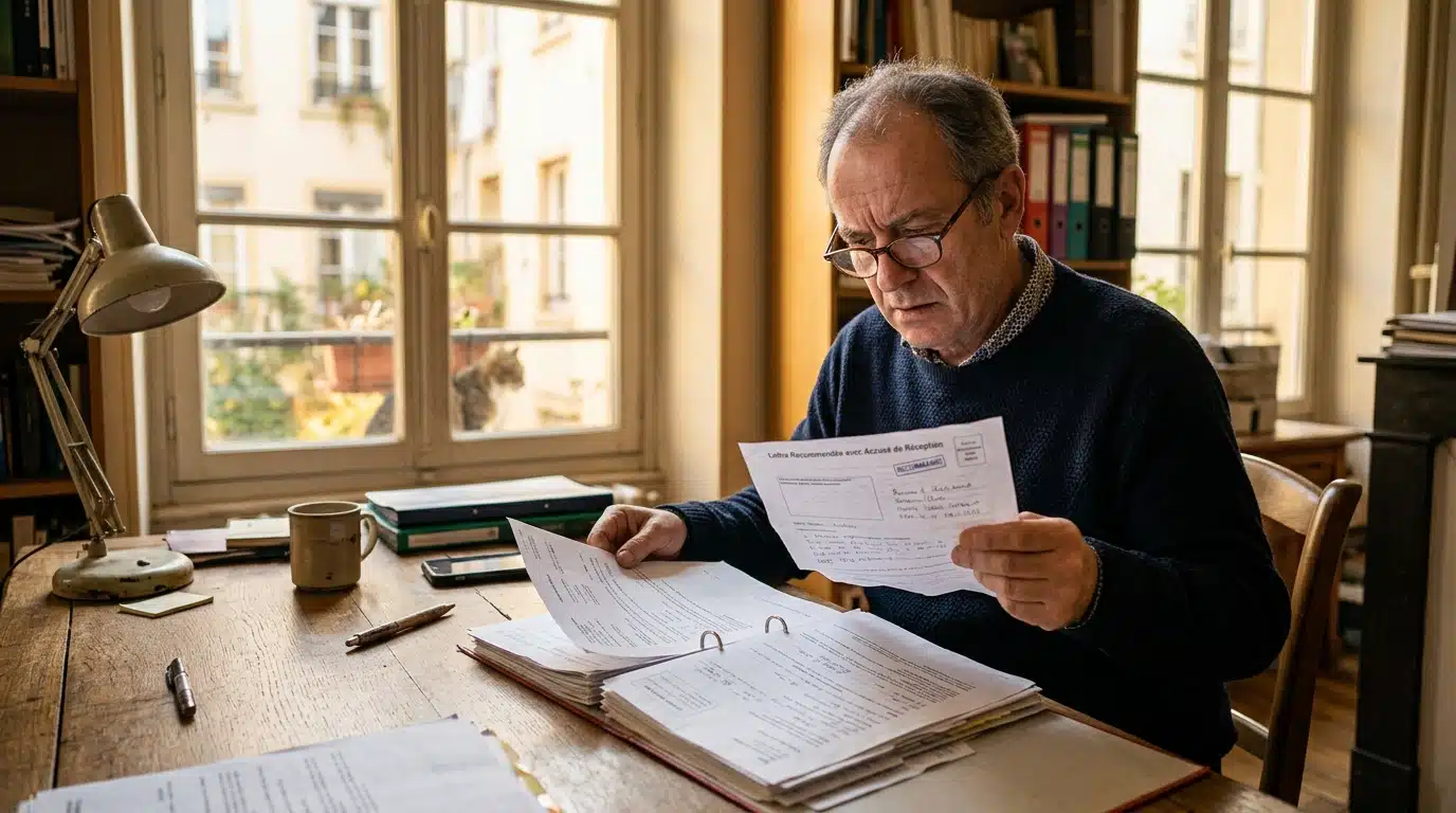 Propriétaire anxieux tenant une lettre recommandée à son bureau
