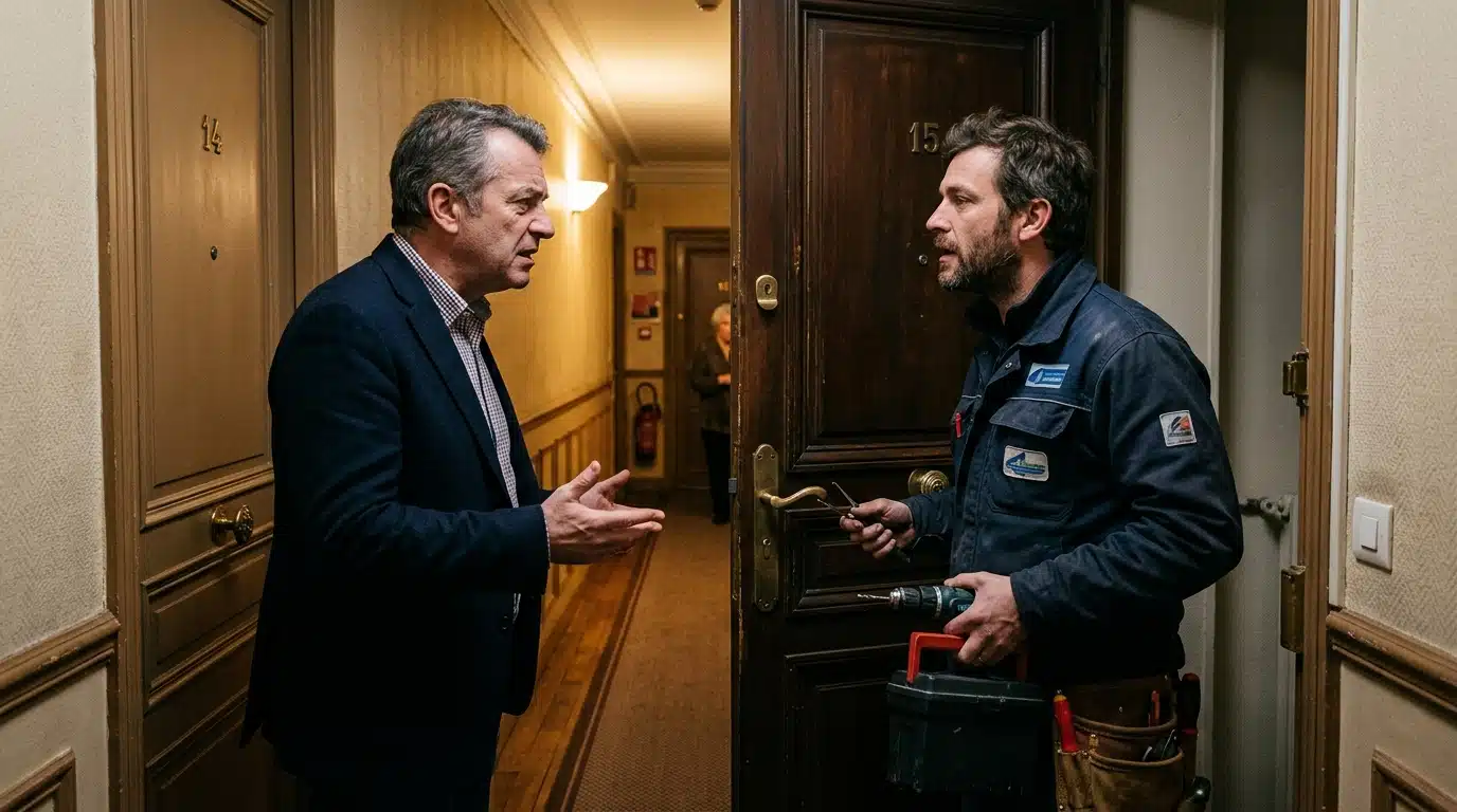 Propriétaire et serrurier devant la porte d'un appartement