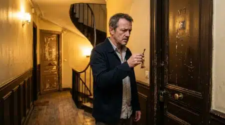 Propriétaire inquiet devant une porte d'appartement verrouillée