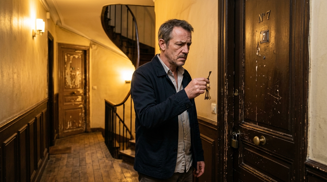 Propriétaire inquiet devant une porte d'appartement verrouillée