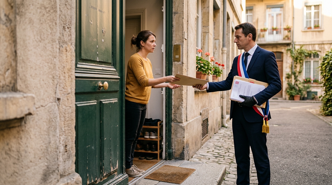 Huissier remettant un document officiel à un locataire