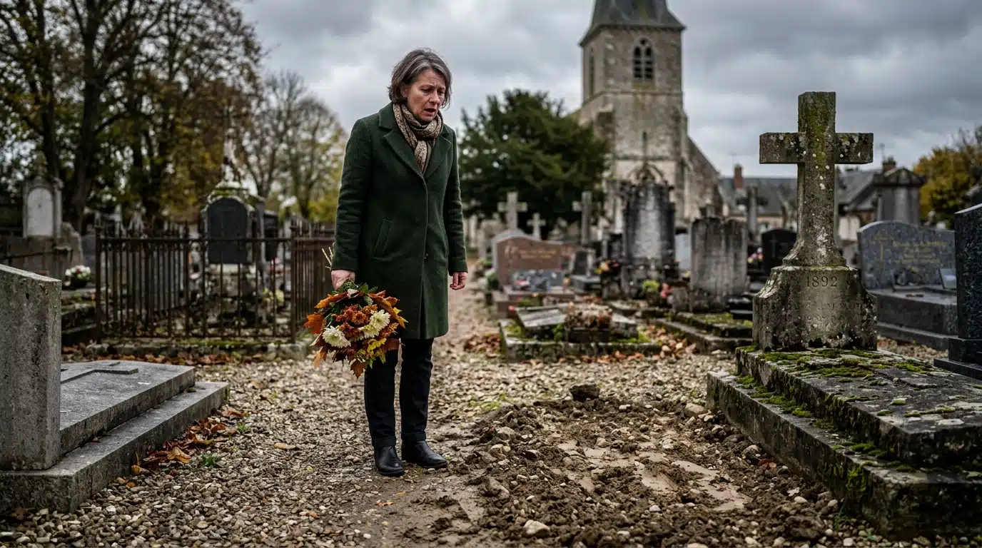 Femme découvrant une tombe vide dans un cimetière