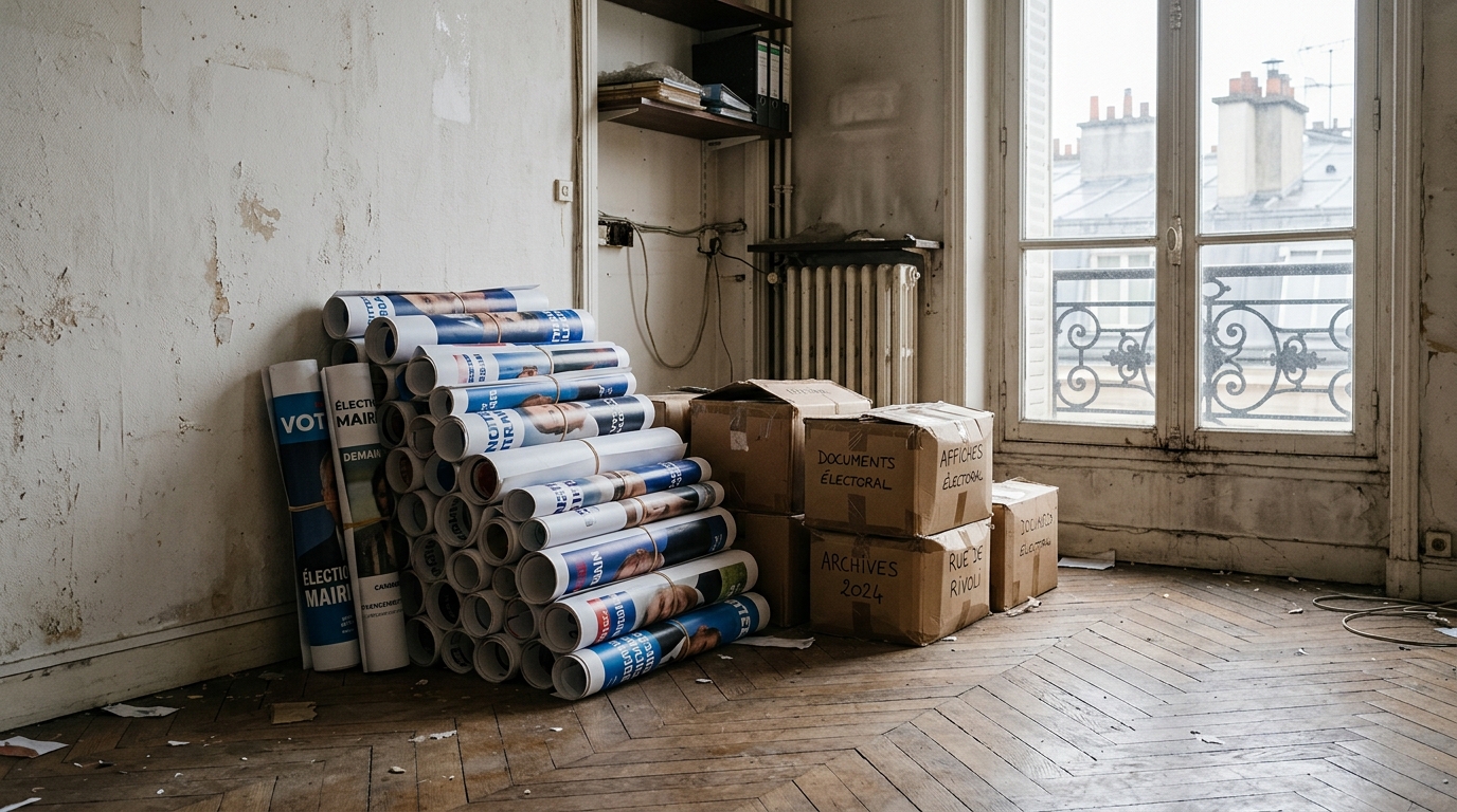 Bureau vide avec affiches de campagne enroulées