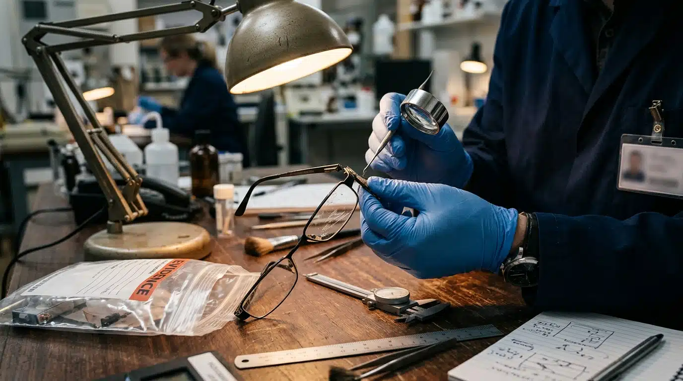 Expert examinant une monture de lunettes brisée